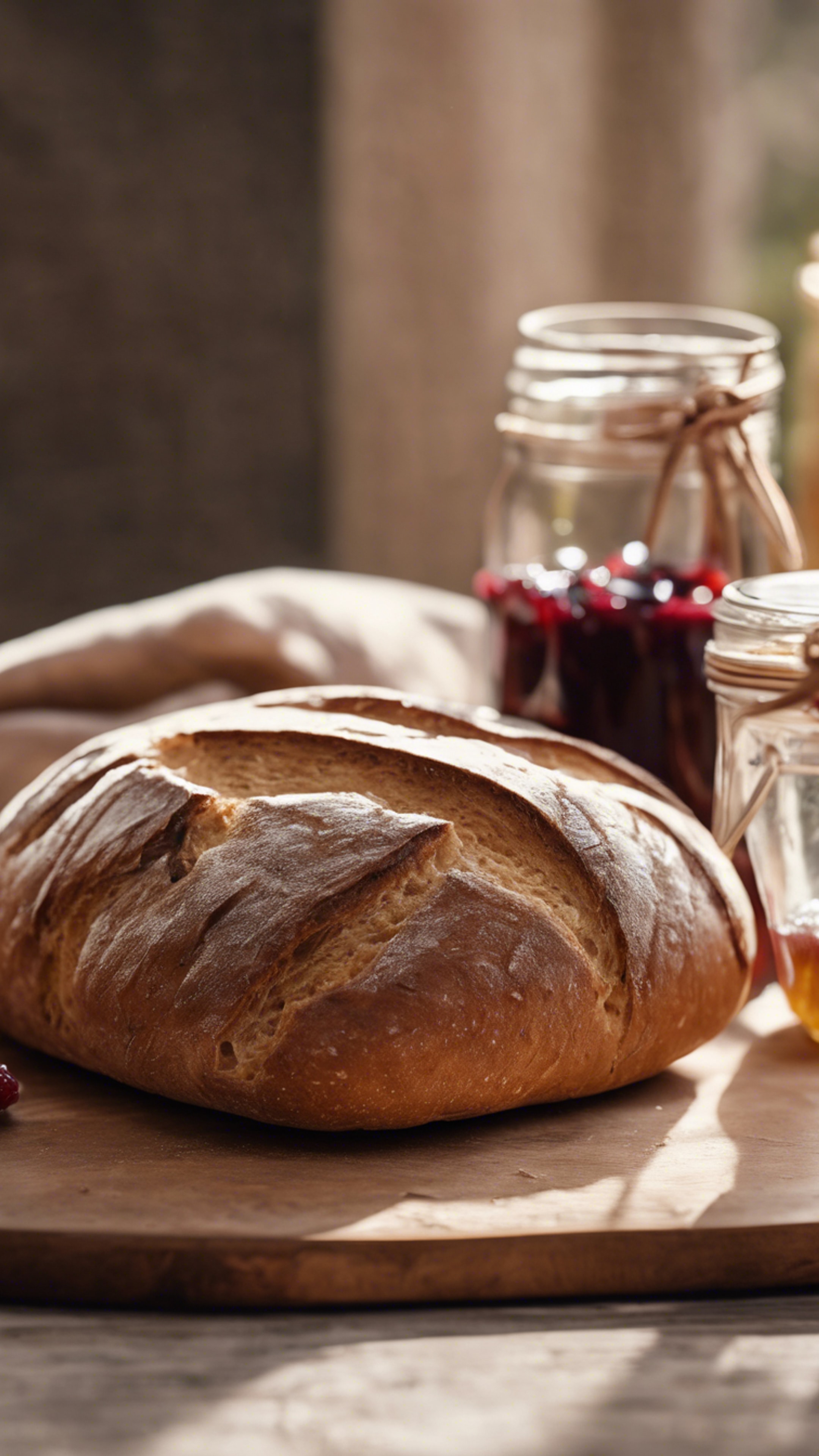 A close-up of a freshly baked bread sitting on a wooden cutting board, next to a jar of homemade jam. Wallpaper[9ebf491f88854369a221]