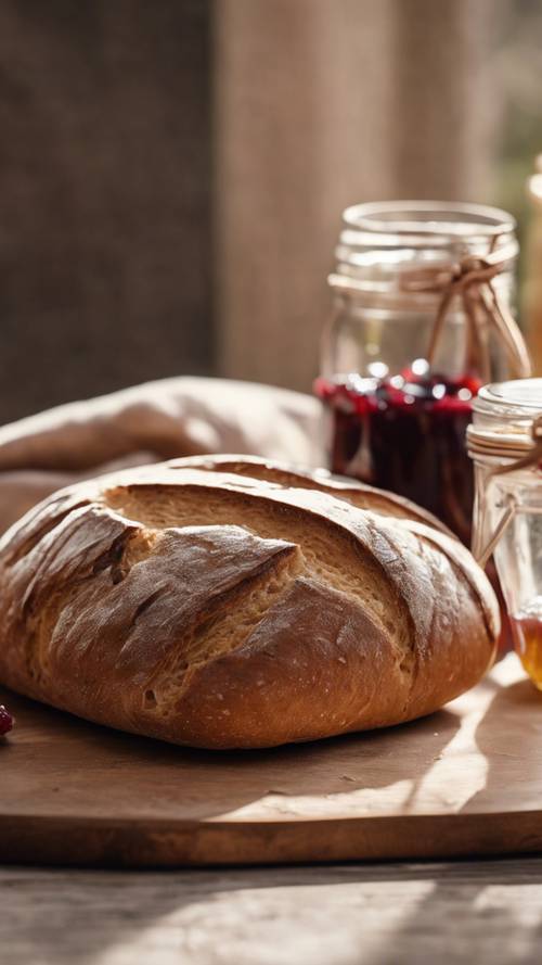 A close-up of a freshly baked bread sitting on a wooden cutting board, next to a jar of homemade jam.