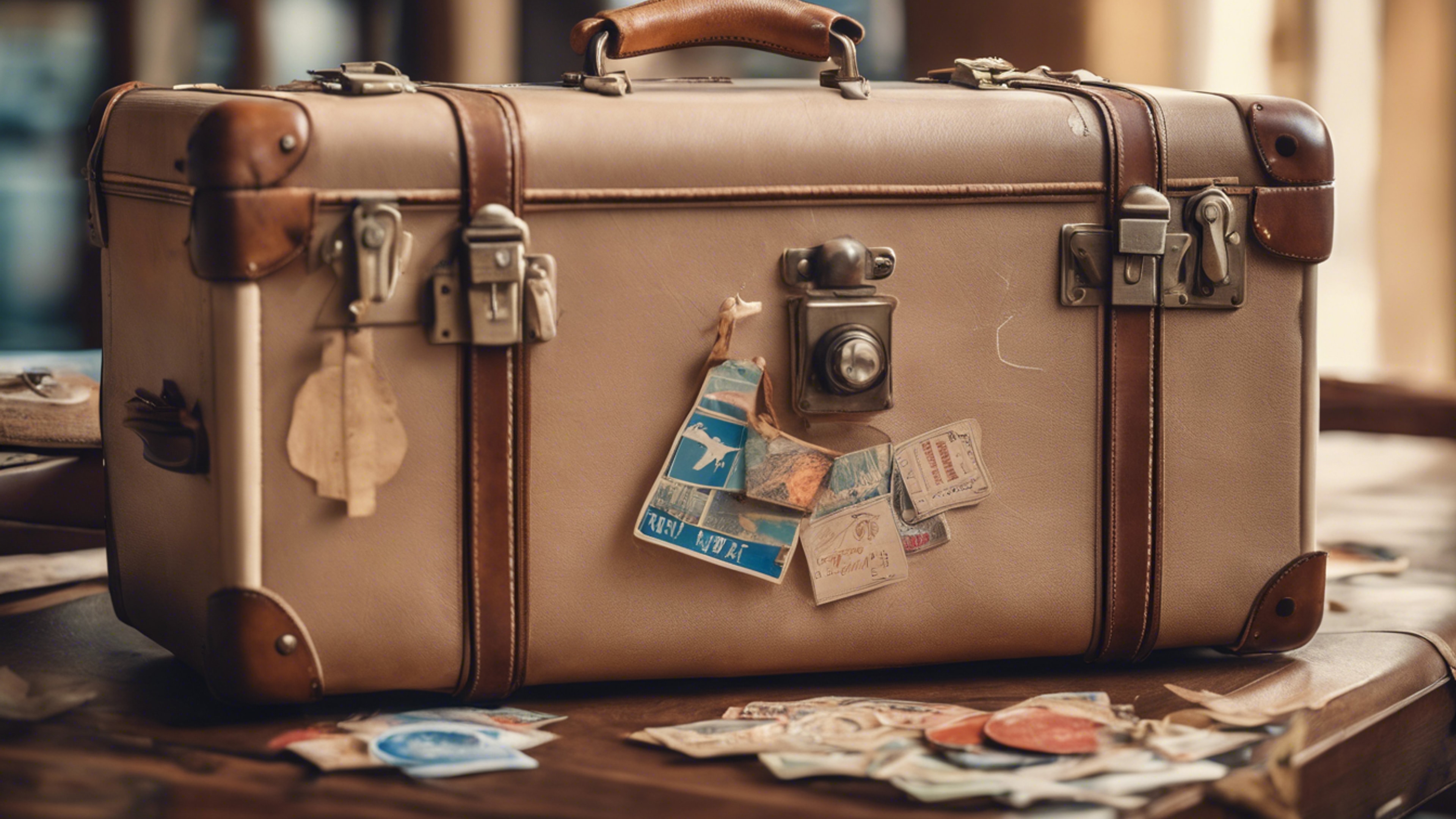 A Beige vintage leather suitcase with travel stickers. Ფონი[538daa9f754345eba040]