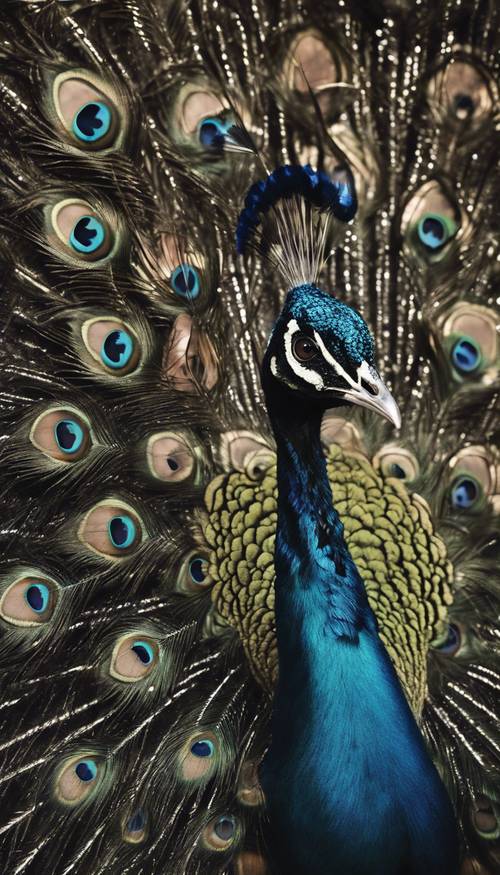 Un elegante pavone nero che allarga la coda piumata, gli occhi con un centro nero ben in evidenza.