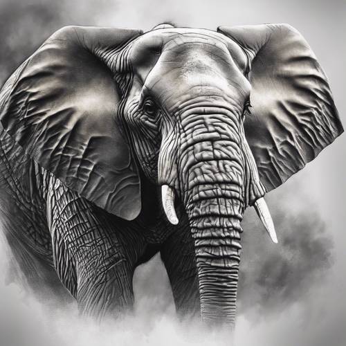 Sketsa arang gajah Afrika yang intens dan fotorealistik, dengan fokus pada kedalaman dan tekstur kulitnya.
