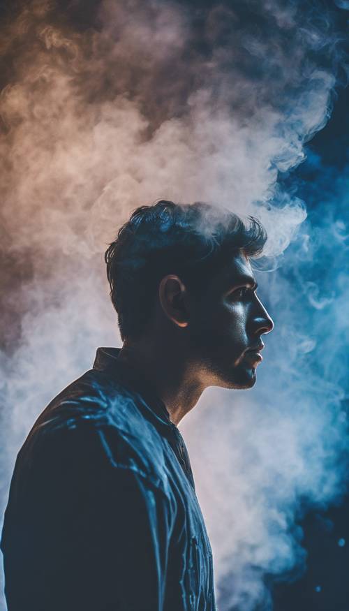A stargazer lost in thought, surrounded by blue smoke from a galaxy projector.