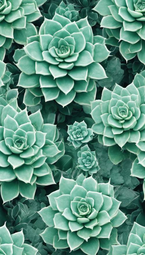 Un patrón sin costuras de plantas suculentas con textura verde menta y patrones delicados