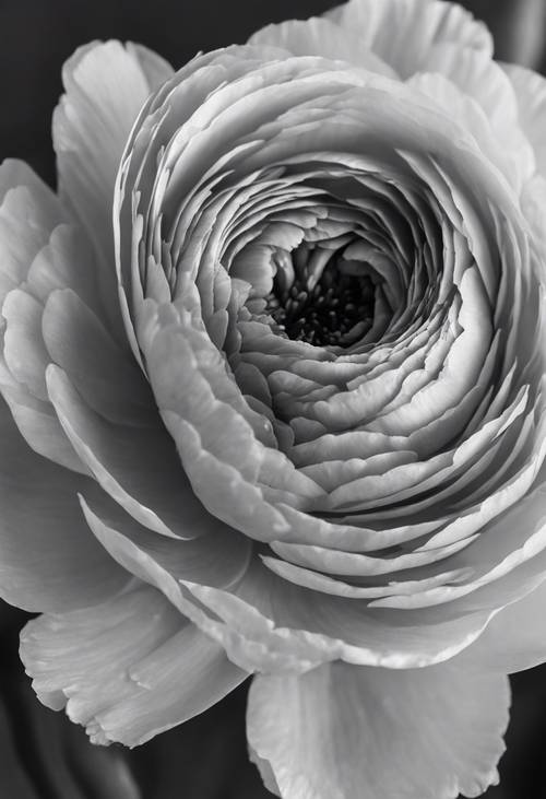 Un ranúnculo ingeniosamente fotografiado en plena floración, en blanco y negro.