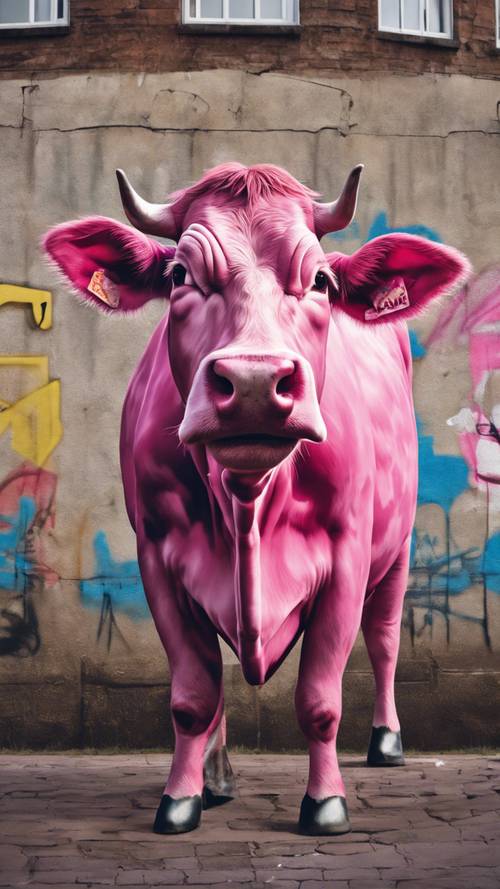 城市墙壁上的流行文化涂鸦，描绘了一头粉红奶牛。