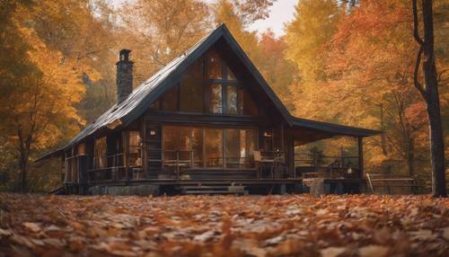 A serene indie cabin in the woods, surrounded by colourful autumn leaves.