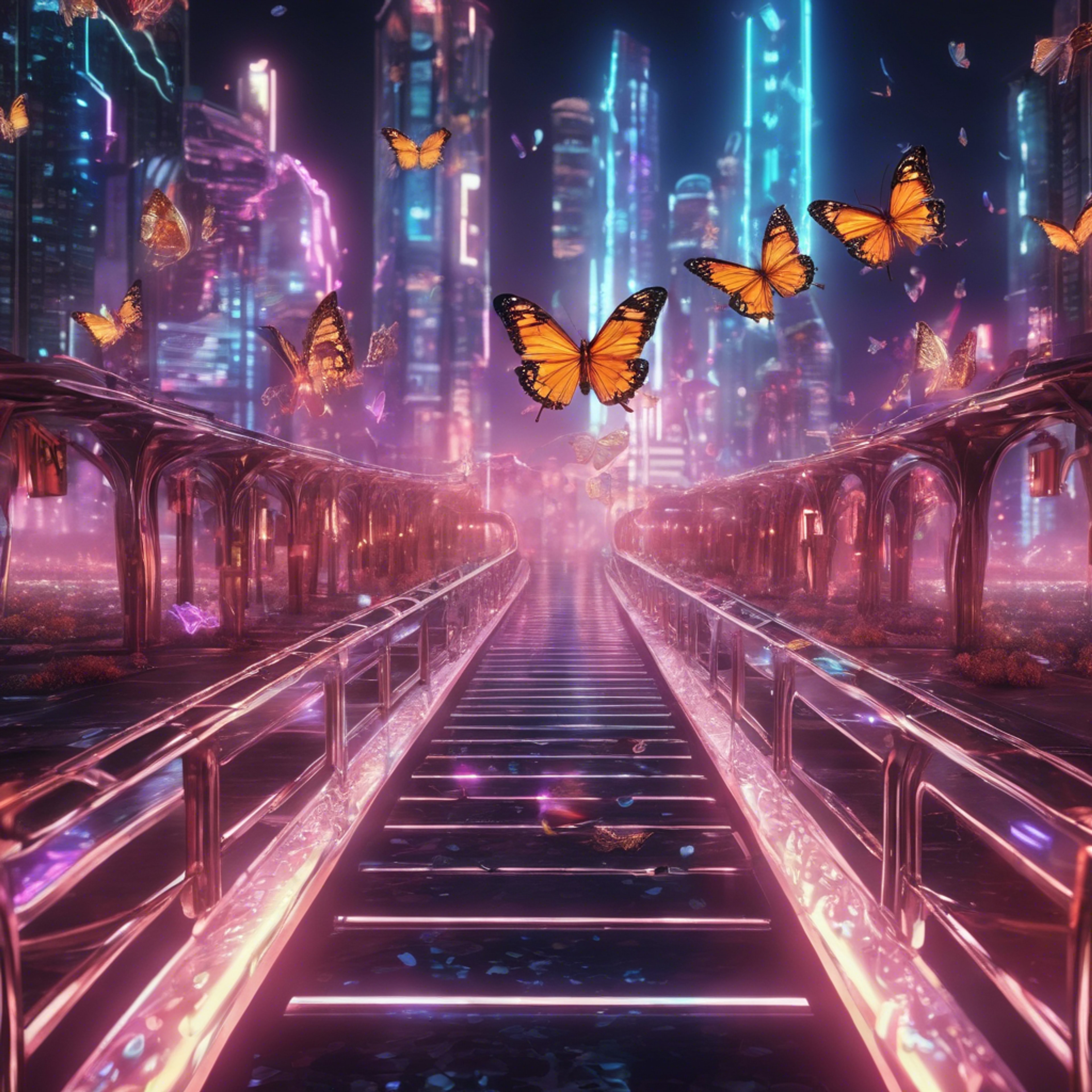 A futuristic Y2K city landscape with neon-lit bridges and holographic butterflies fluttering. Wallpaper[cb6e55e29f0840a1b038]