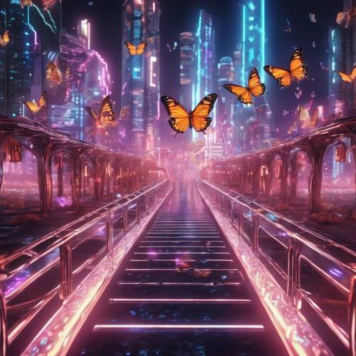 A futuristic Y2K city landscape with neon-lit bridges and holographic butterflies fluttering.