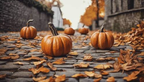 Hand-drawn pumpkins stacked playfully by a cobblestone path.