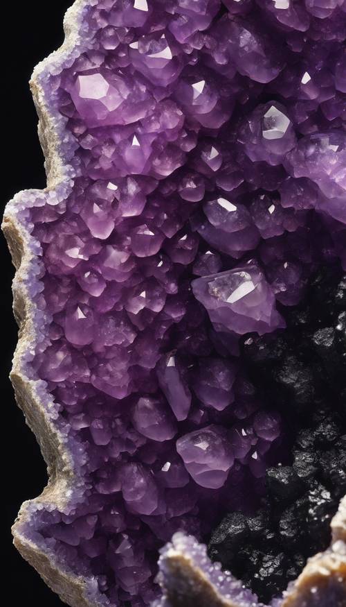 引人注目的黑色背景下充滿活力的紫水晶晶洞。