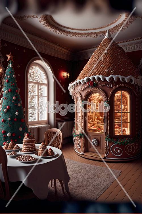 Ngôi nhà bánh gừng và cây thông Giáng sinh trong căn phòng ấm cúng