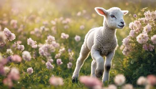 Un agnello appena nato, segno zodiacale dell&#39;Ariete, saltella in un campo di fiori primaverili in fiore.