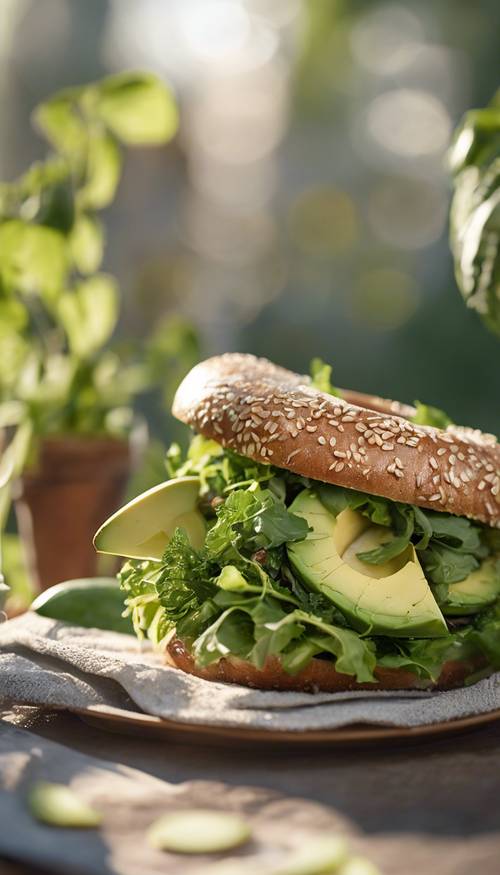 A sesame seed bagel sandwich overflowing with mixed greens and avocados, back-lit by morning sunshine.