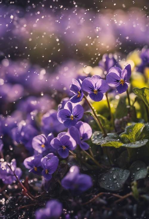 Hafif bir bahar yağmurunun altında çiçek açan canlı bir menekşe tarlası.