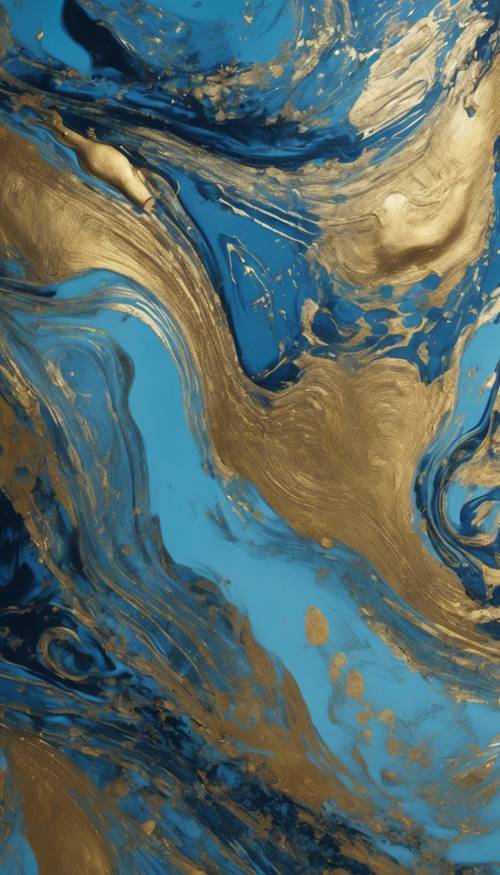 An abstract painting with metallic blue and gold paint swirls Tapeta [bb4022b3e76c481f96f4]