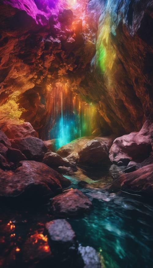 A hidden cave beneath a mountain, illuminated by a radiant, multi-colored aura.