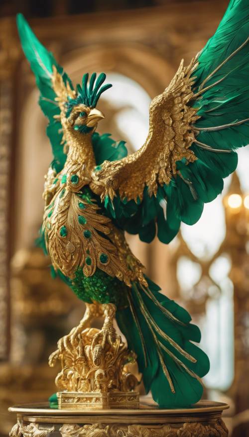 Un majestuoso fénix con plumas verde esmeralda posado sobre una opulenta percha dorada en un castillo real.