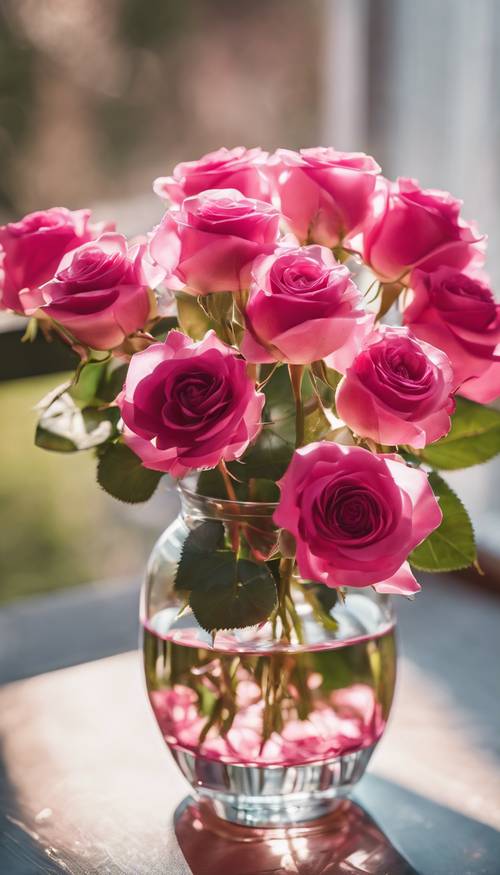 Ein Strauß pinkfarbener Rosen in einer kristallklaren Vase an einem sonnigen Tag
