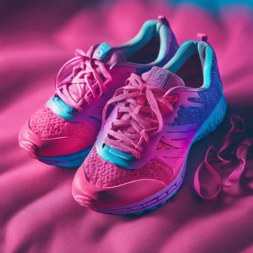 A pair of running shoes in a vibrant pink to blue ombre design.