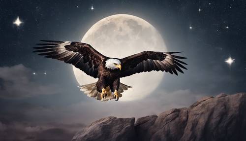 Eagle soaring high under a full moon night; stars sparse in the sky.