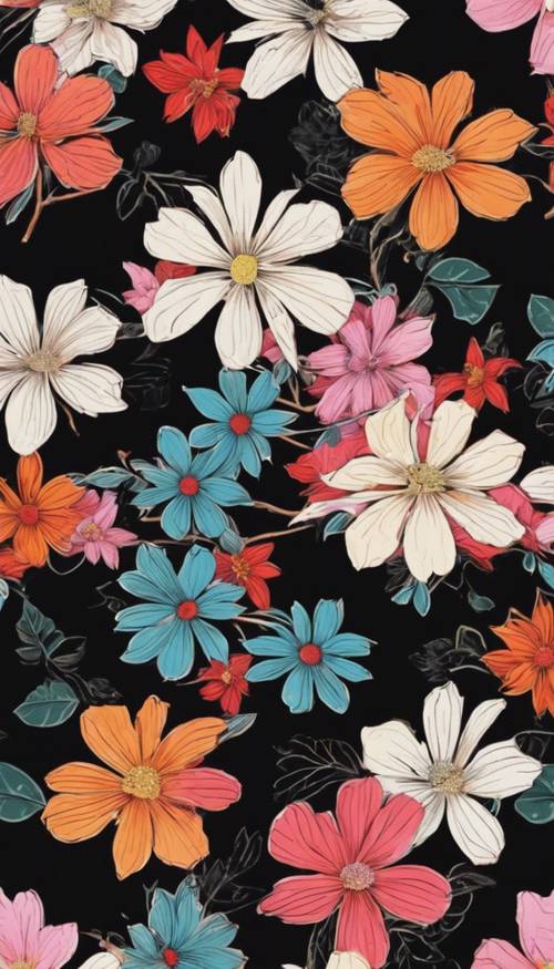 A brightly colored Japanese floral pattern on a black backdrop.