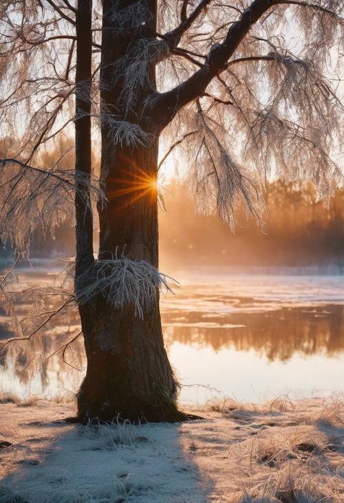 Яркий зимний восход солнца над замерзшим озером, окруженным покрытыми инеем деревьями.