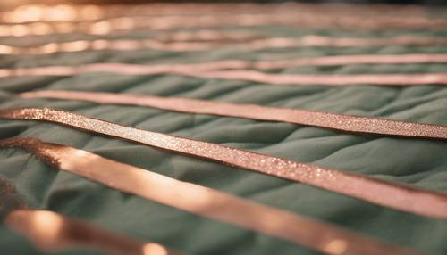 Scattered rose gold stripes, illuminated by a sunset, against a sage green backdrop.