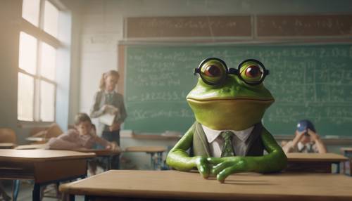 Preppy frog in a classroom teaching math at the board. Tapet [fa8d199d7b16488f87c9]