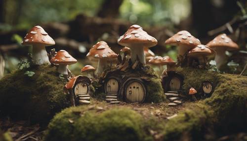 A small gnome village built into a colony of woodland mushrooms with indie vibes.