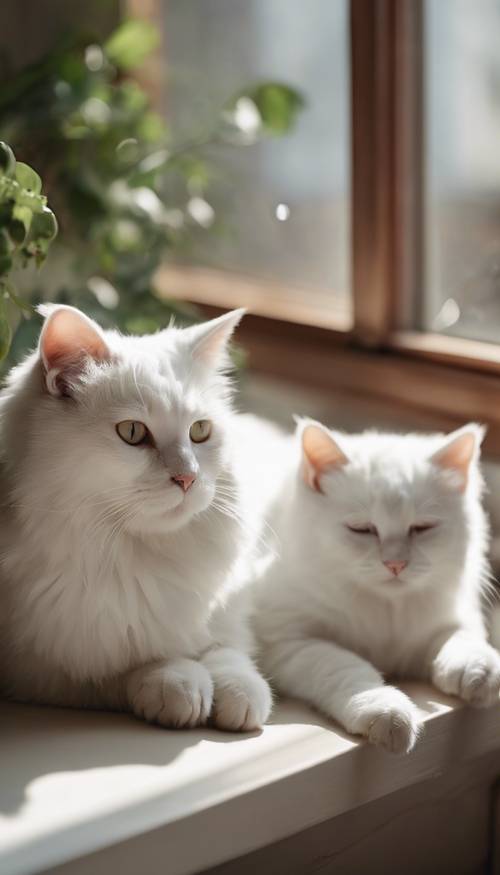 Una familia de gatos blancos de distintas edades y tamaños, descansando juntos en el alféizar soleado de una ventana.