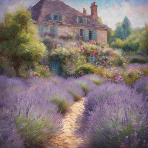 A French impressionistic-style floral mural, showing a peaceful garden filled with lavender.