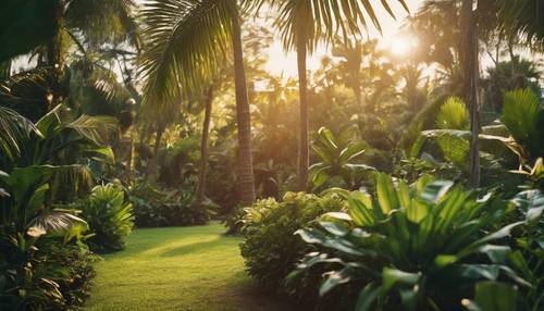 Un exuberante jardín tropical iluminado por la suave y brillante luz del sol poniente.