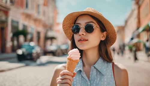 Una mujer joven con un traje de muy buen gusto disfrutando de un cono de helado de melocotón en un día soleado.