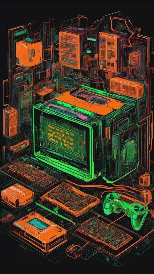 Una console di gioco dai colori vivaci arancione e verde su sfondo nero.
