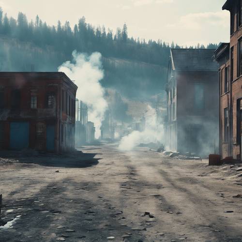 An eerie ghost town with buildings enveloped by blue smoke.