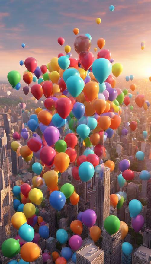 Eine 3D-Animation von Dutzenden bunten Ballons, die bei Sonnenuntergang durch die Skyline einer Stadt schweben.