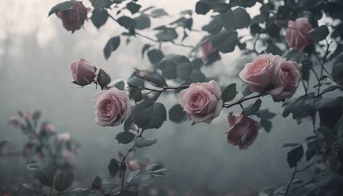 Un boschetto di rose grigie in un ambiente nebbioso, di prima mattina.