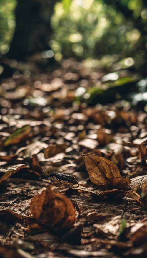 La capa del suelo de una selva tropical llena de hojas en descomposición, insectos y pequeños mamíferos.
