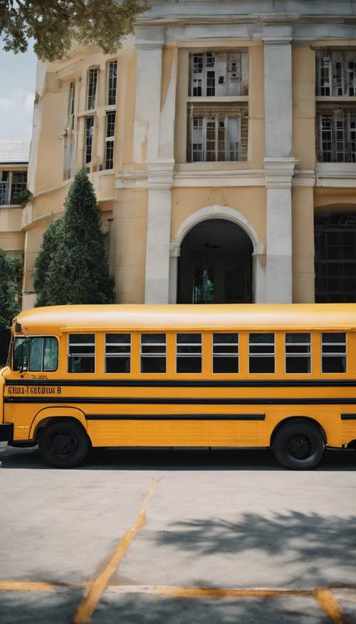 Żółty autobus szkolny zaparkowany przed szkołą, ogłaszający koniec roku szkolnego i początek wakacji letnich.