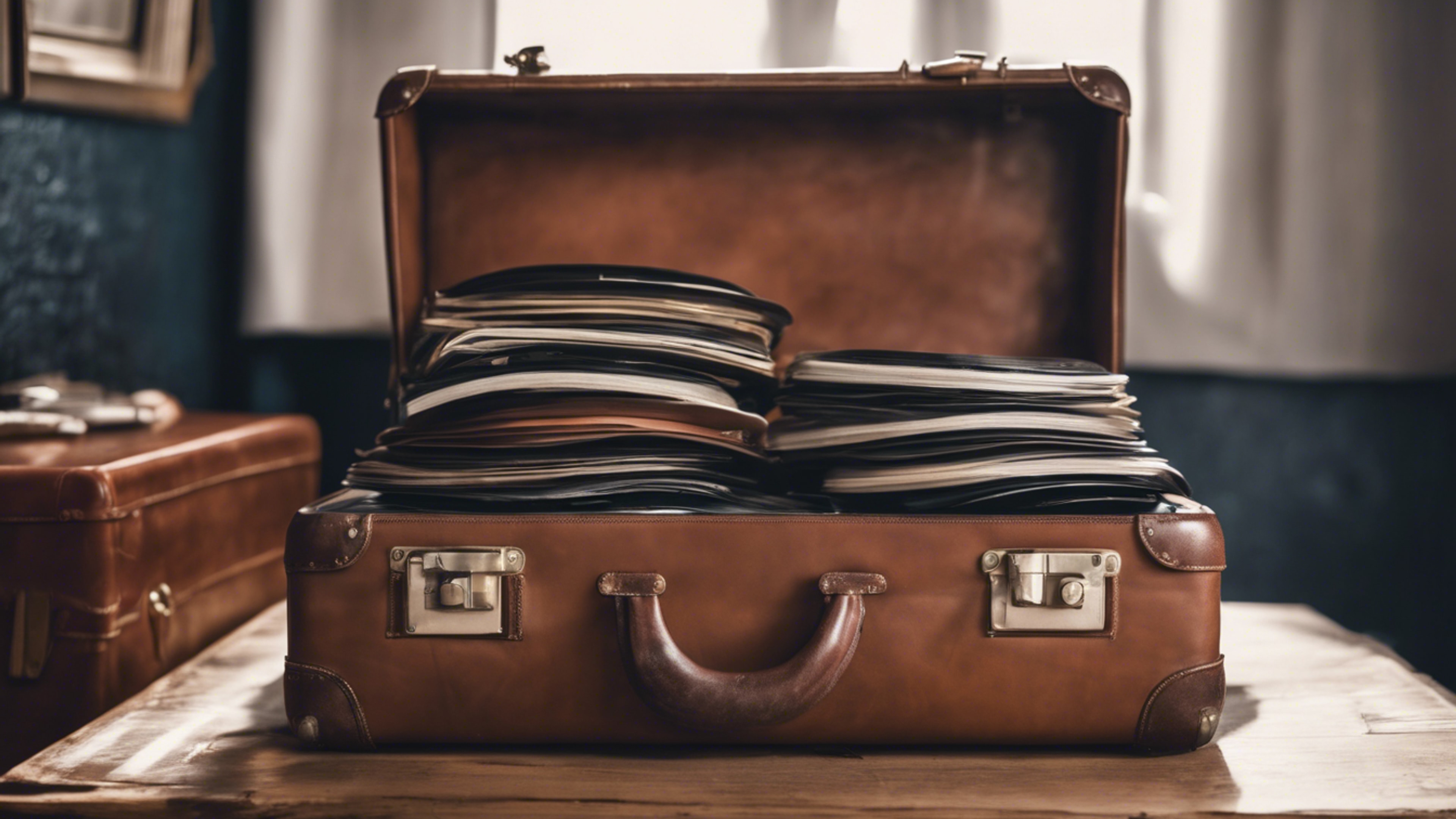 A vintage brown leather suitcase overflowing with vinyl records. Wallpaper[4a66a69191fd4d4591a7]