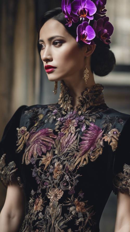 A black velvet dress adorned with intricate embroidery of dark orchids.