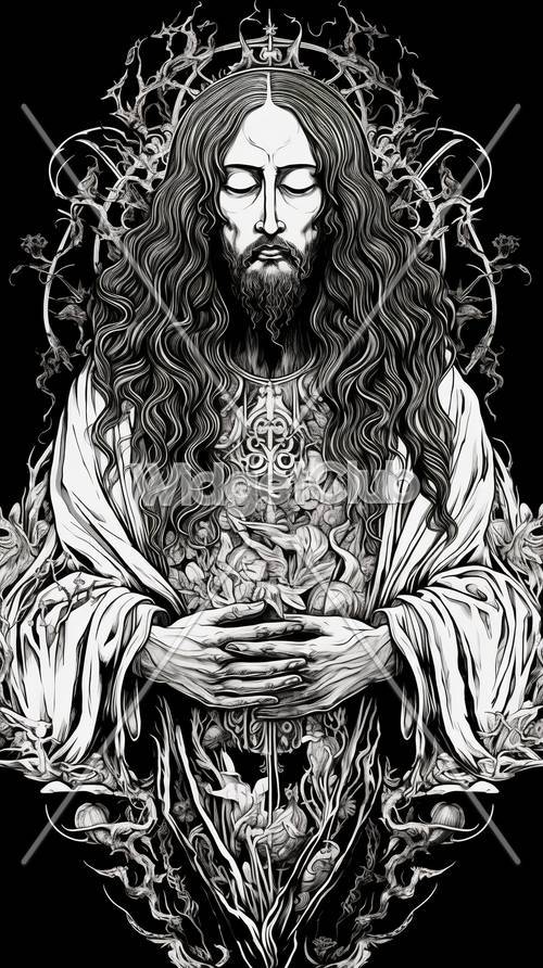 Mistyczny brodaty mężczyzna z rozwianymi włosami i misternym wisiorkiem w kształcie krzyża