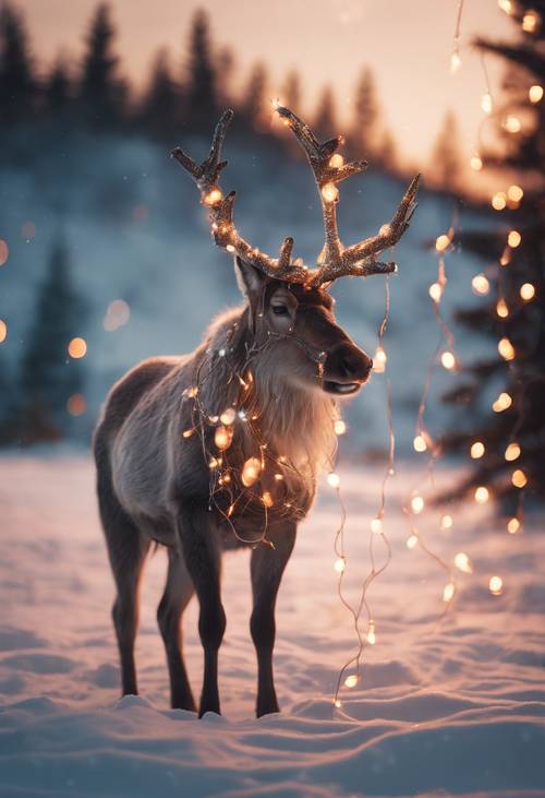 Un coucher de soleil d&#39;hiver surréaliste jetant de la lumière sur un renne solitaire avec des lumières de Noël scintillantes emmêlées dans ses bois.