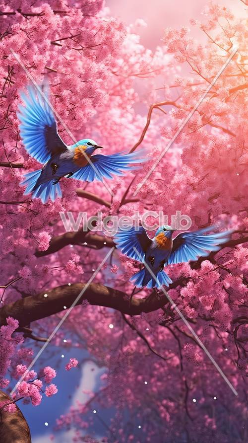 Pájaros azules brillantes entre flores rosadas