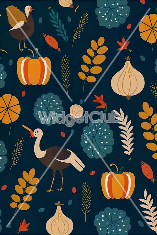 秋の収穫と野生動物柄の壁紙