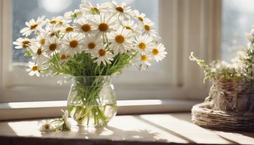 Um interior simples e arejado, inundado pela luz do sol da primavera, com um vaso de margaridas recém-cortadas acrescentando um toque sutil de cor.