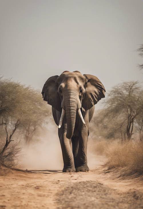 Un éléphant indien au milieu d’un sentier poussiéreux, entouré par la savane sans fin.