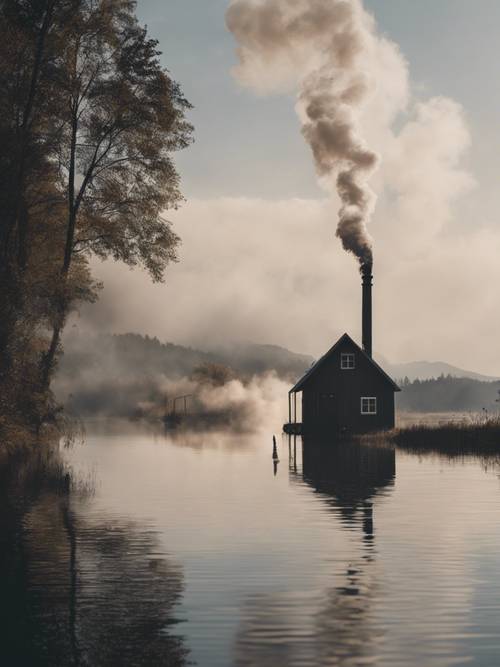 A serene black lagoon next to a small, cosy cabin, smoke rising from a chimney.