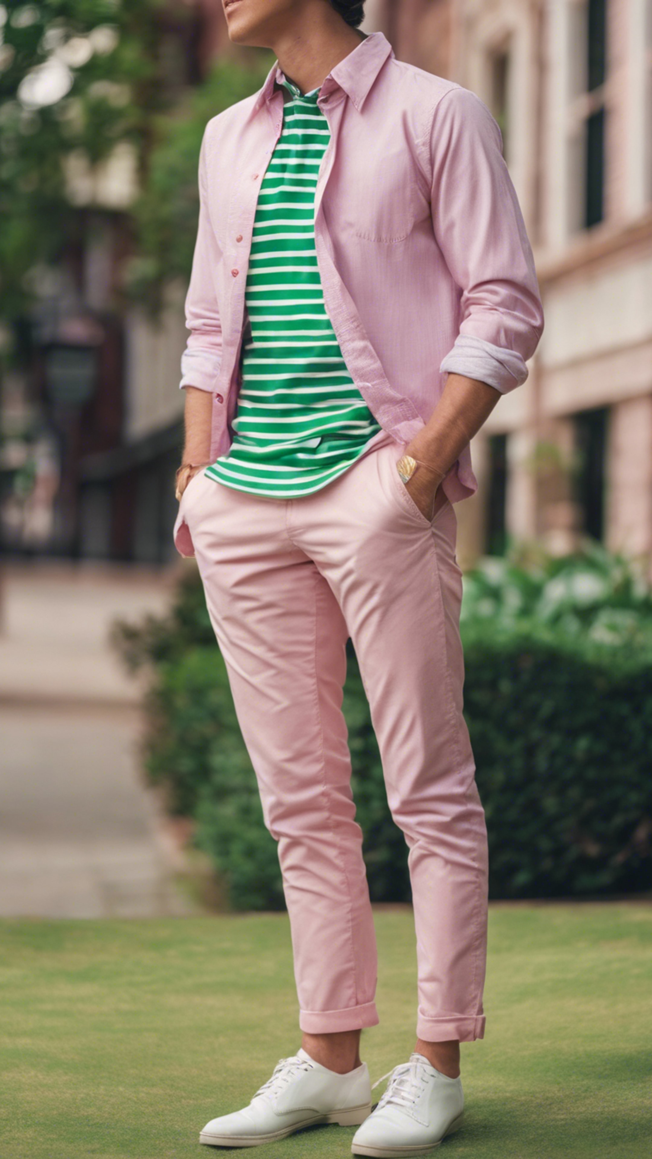A classic preppy outfit in pink chinos with a green striped Oxford shirt.壁紙[7b2809c9502f40299443]