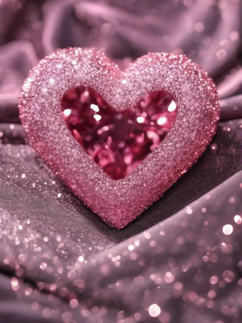 Un cœur rose scintillant sur un tissu en velours noir.